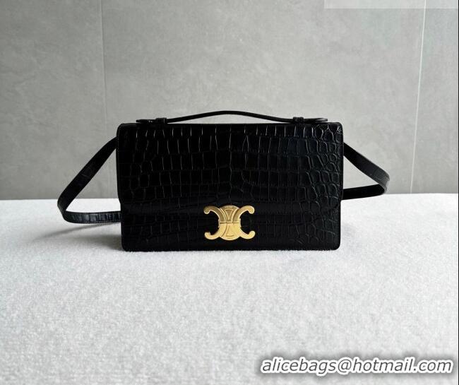 Top Quality Celine Triomphe Folio Medium Bag in Crocodile Embossed Leather 102382 Black/Gold 2026