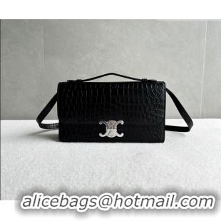 Top Design Celine Triomphe Folio Medium Bag in Crocodile Embossed Leather 102382 Black/Silver 2026