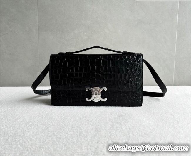 Top Design Celine Triomphe Folio Medium Bag in Crocodile Embossed Leather 102382 Black/Silver 2026