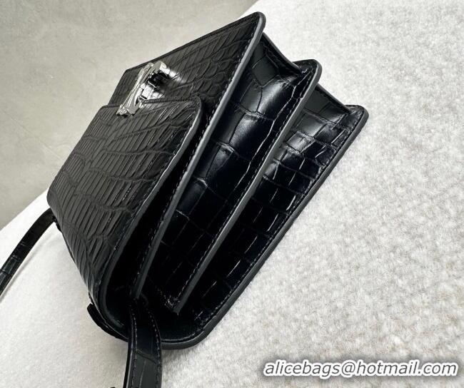 Top Design Celine Triomphe Folio Medium Bag in Crocodile Embossed Leather 102382 Black/Silver 2026