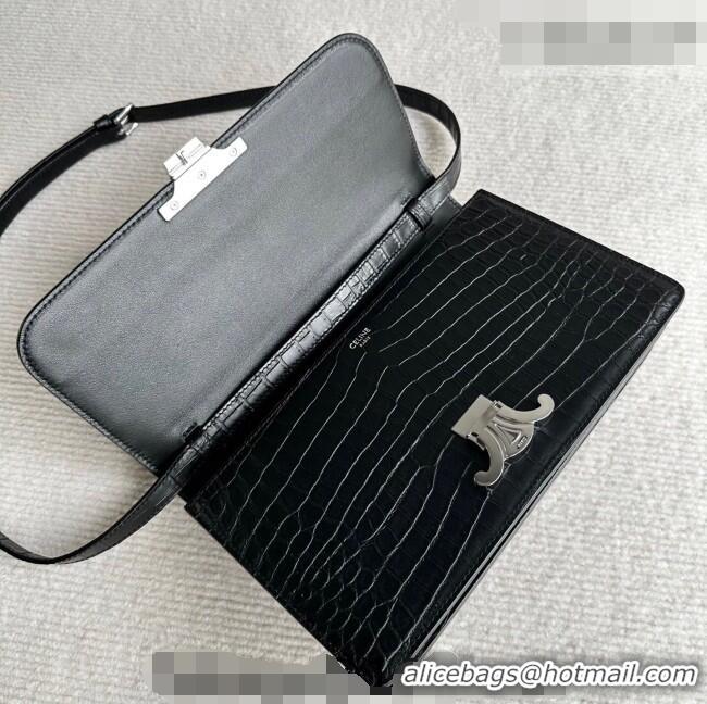 Top Design Celine Triomphe Folio Medium Bag in Crocodile Embossed Leather 102382 Black/Silver 2026