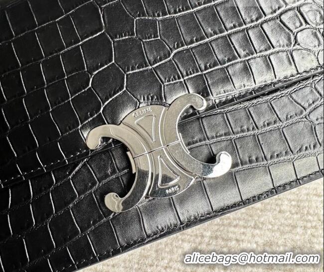 Top Design Celine Triomphe Folio Medium Bag in Crocodile Embossed Leather 102382 Black/Silver 2026