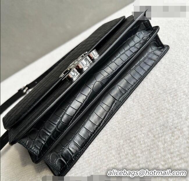 Top Design Celine Triomphe Folio Medium Bag in Crocodile Embossed Leather 102382 Black/Silver 2026