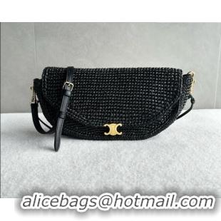 Low Cost Celine Little Halfmoon Soft Triomphe Bag in Raffia L10373 Black 2026