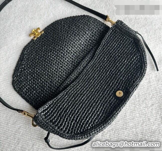 Low Cost Celine Little Halfmoon Soft Triomphe Bag in Raffia L10373 Black 2026