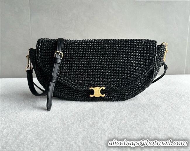 Low Cost Celine Little Halfmoon Soft Triomphe Bag in Raffia L10373 Black 2026