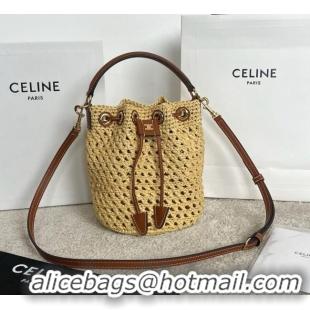 Luxury Cheap Celine Teen Clara Bucket Bag in Raffia and Calfskin 122622 C090453 Beige 2026