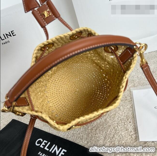 Luxury Cheap Celine Teen Clara Bucket Bag in Raffia and Calfskin 122622 C090453 Beige 2026