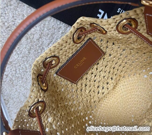 Luxury Cheap Celine Teen Clara Bucket Bag in Raffia and Calfskin 122622 C090453 Beige 2026