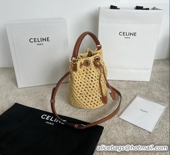 Luxury Cheap Celine Teen Clara Bucket Bag in Raffia and Calfskin 122622 C090453 Beige 2026
