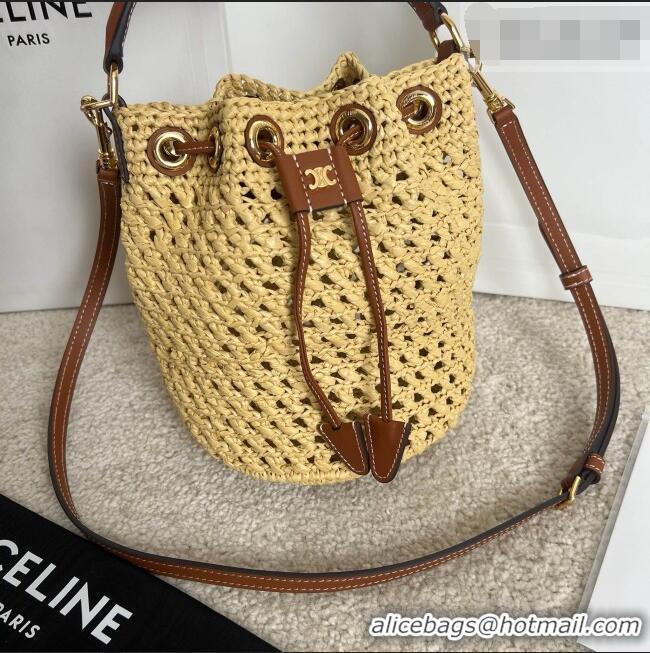Luxury Cheap Celine Teen Clara Bucket Bag in Raffia and Calfskin 122622 C090453 Beige 2026