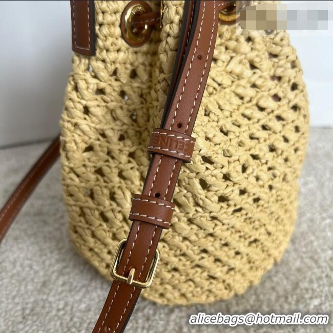 Luxury Cheap Celine Teen Clara Bucket Bag in Raffia and Calfskin 122622 C090453 Beige 2026