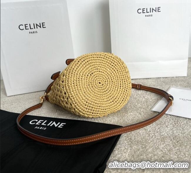 Luxury Cheap Celine Teen Clara Bucket Bag in Raffia and Calfskin 122622 C090453 Beige 2026