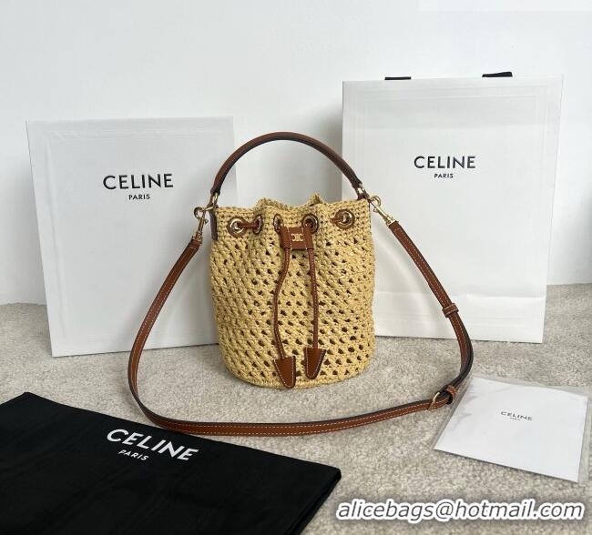 Luxury Cheap Celine Teen Clara Bucket Bag in Raffia and Calfskin 122622 C090453 Beige 2026