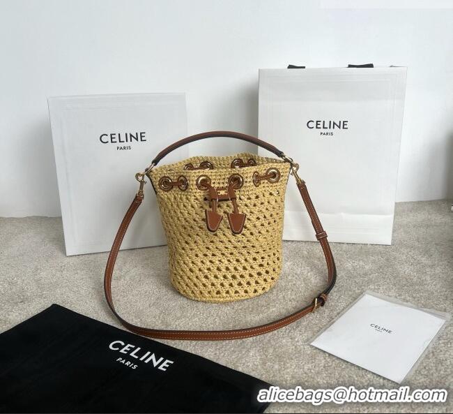 Luxury Cheap Celine Teen Clara Bucket Bag in Raffia and Calfskin 122622 C090453 Beige 2026