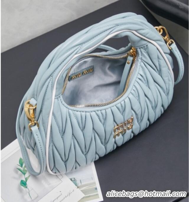 Discount Miu Miu Wander Matelasse Nappa Leather Hobo Mini bag with Contrasting Trim 5BC125 Powder Blue 2026