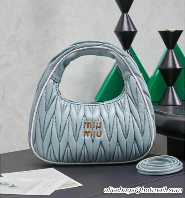 Discount Miu Miu Wander Matelasse Nappa Leather Hobo Mini bag with Contrasting Trim 5BC125 Powder Blue 2026
