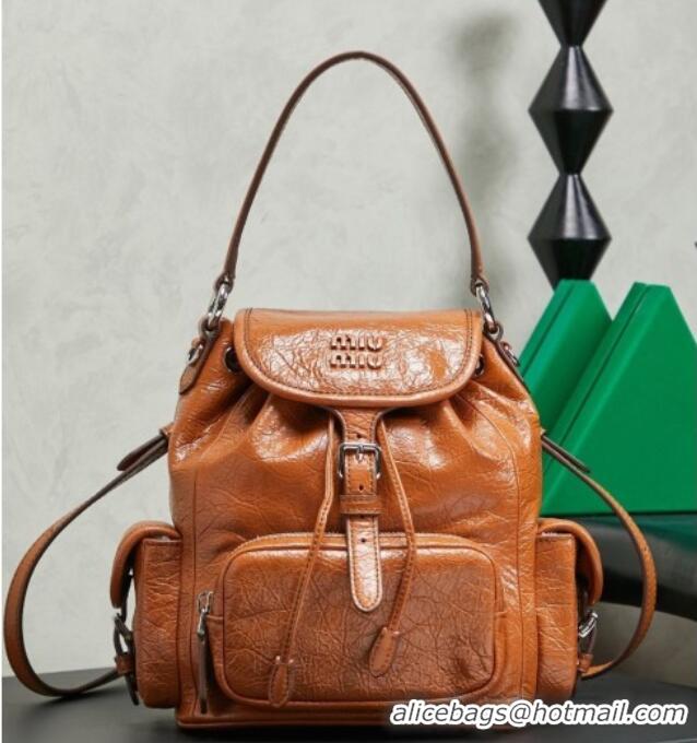 Best Price Miu Miu Crinkle Leather Backpack 5BZ043 Brown 2026