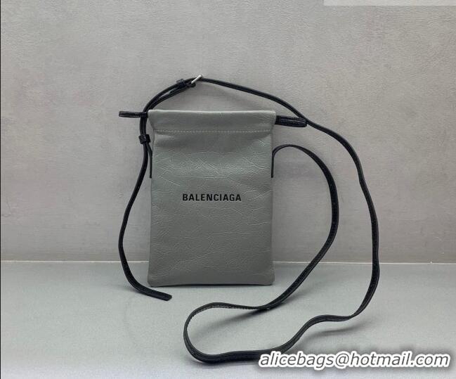 Discount Balenciaga Mens Shopper Phone Holder Pouch in Grey Arena lambskin/aged-silver hardware B03001 2026