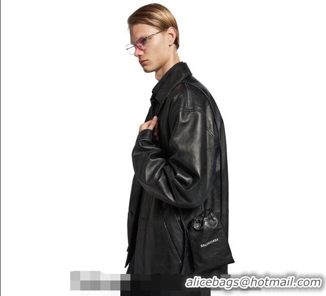 Inexpensive Balenciaga Mens Shopper Phone Holder Pouch in Black Arena lambskin/aged-silver hardware B03001 2026