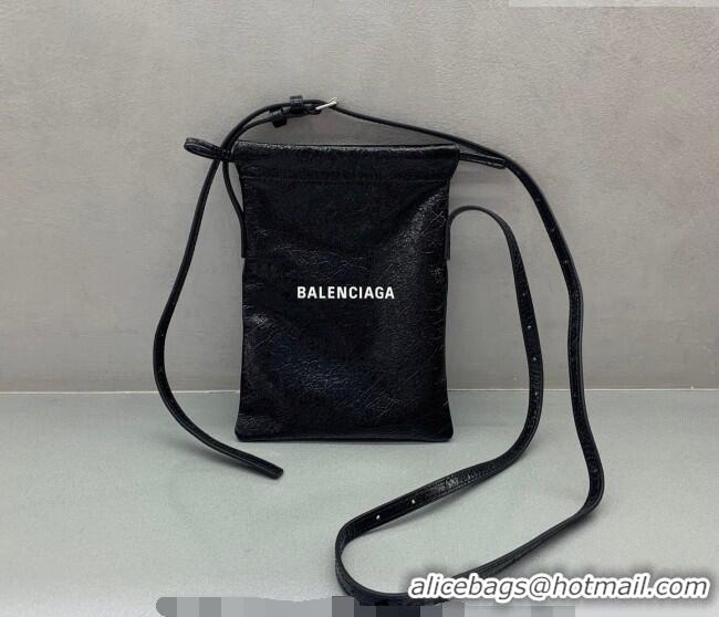 Inexpensive Balenciaga Mens Shopper Phone Holder Pouch in Black Arena lambskin/aged-silver hardware B03001 2026