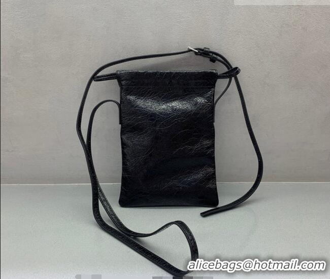 Inexpensive Balenciaga Mens Shopper Phone Holder Pouch in Black Arena lambskin/aged-silver hardware B03001 2026