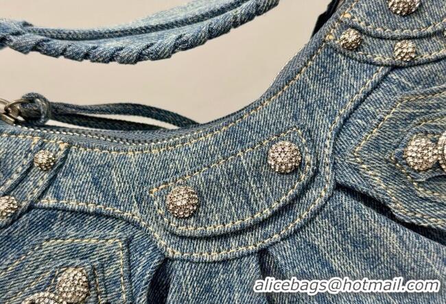 Grade Design Balenciaga Le Cagole Shoulder Bag XS in blue washed and frayed denim/crystals hardware BL701 2026
