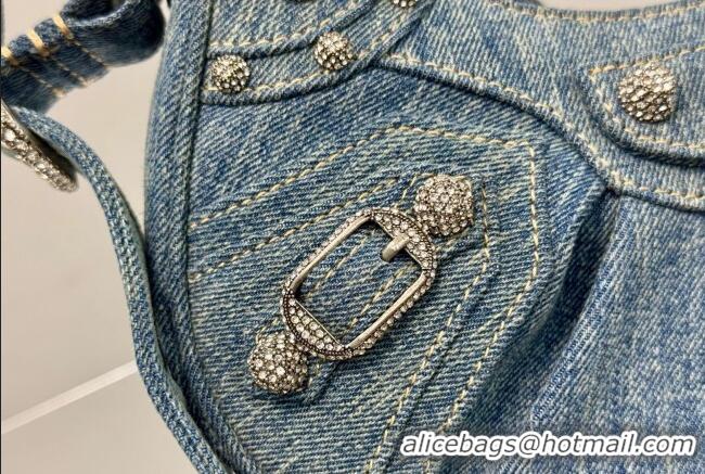 Grade Design Balenciaga Le Cagole Shoulder Bag XS in blue washed and frayed denim/crystals hardware BL701 2026