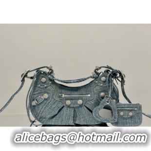 Famous Brand Balenciaga Le Cagole Shoulder Bag Small in blue washed and frayed denim/crystals hardware BL701 2026