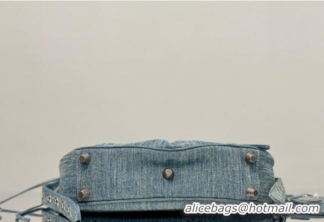 Famous Brand Balenciaga Le Cagole Shoulder Bag Small in blue washed and frayed denim/crystals hardware BL701 2026