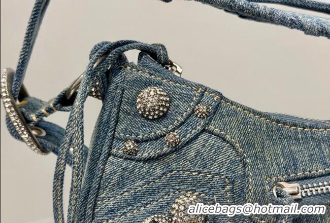 Famous Brand Balenciaga Le Cagole Shoulder Bag Small in blue washed and frayed denim/crystals hardware BL701 2026
