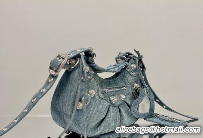 Famous Brand Balenciaga Le Cagole Shoulder Bag Small in blue washed and frayed denim/crystals hardware BL701 2026