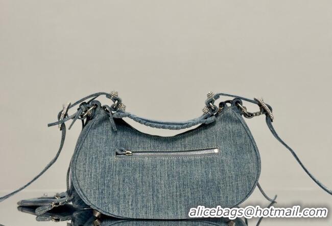 Famous Brand Balenciaga Le Cagole Shoulder Bag Small in blue washed and frayed denim/crystals hardware BL701 2026
