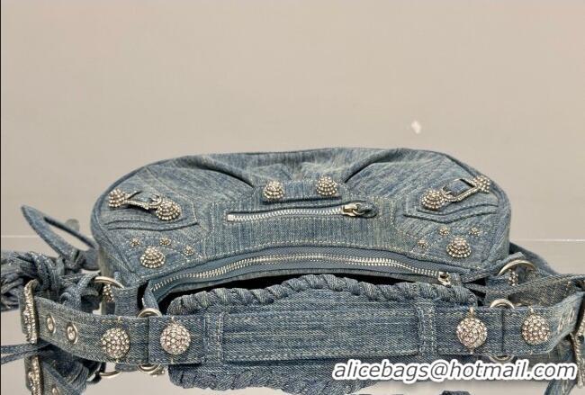 Famous Brand Balenciaga Le Cagole Shoulder Bag Small in blue washed and frayed denim/crystals hardware BL701 2026