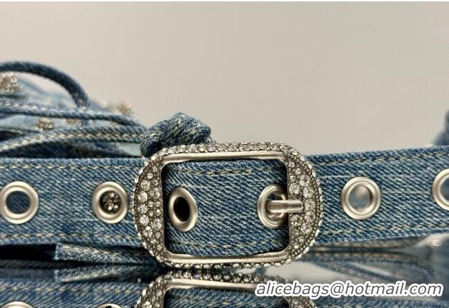 Famous Brand Balenciaga Le Cagole Shoulder Bag Small in blue washed and frayed denim/crystals hardware BL701 2026