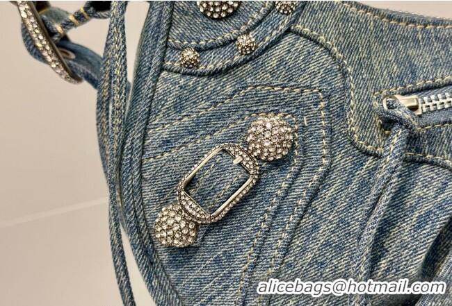 Famous Brand Balenciaga Le Cagole Shoulder Bag Small in blue washed and frayed denim/crystals hardware BL701 2026