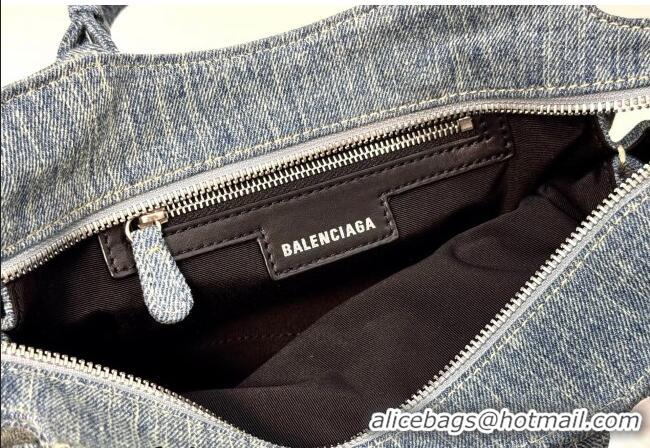 Famous Brand Balenciaga Le Cagole Shoulder Bag Small in blue washed and frayed denim/crystals hardware BL701 2026