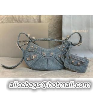 Discount Balenciaga Le Cagole Shoulder Bag XS in blue washed and frayed denim/crystals hardware BL702 2026