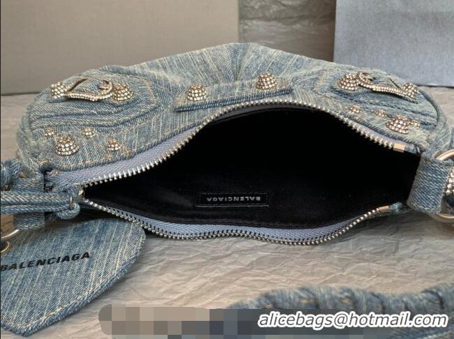 Discount Balenciaga Le Cagole Shoulder Bag XS in blue washed and frayed denim/crystals hardware BL702 2026