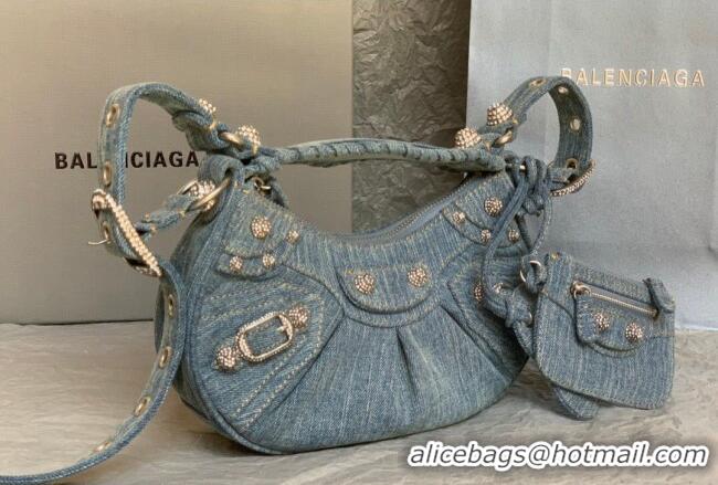 Discount Balenciaga Le Cagole Shoulder Bag XS in blue washed and frayed denim/crystals hardware BL702 2026