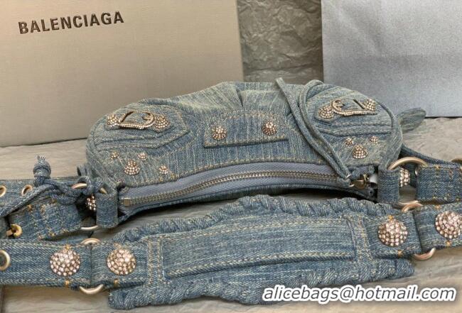 Discount Balenciaga Le Cagole Shoulder Bag XS in blue washed and frayed denim/crystals hardware BL702 2026