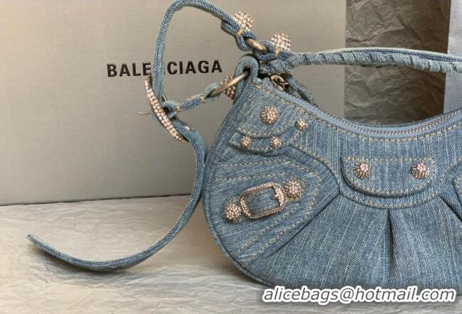Discount Balenciaga Le Cagole Shoulder Bag XS in blue washed and frayed denim/crystals hardware BL702 2026
