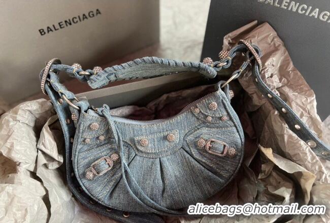 Discount Balenciaga Le Cagole Shoulder Bag XS in blue washed and frayed denim/crystals hardware BL702 2026