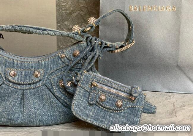 Discount Balenciaga Le Cagole Shoulder Bag XS in blue washed and frayed denim/crystals hardware BL702 2026