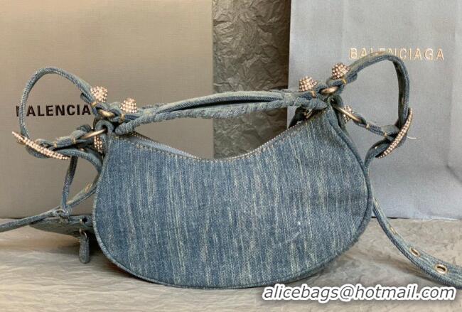 Discount Balenciaga Le Cagole Shoulder Bag XS in blue washed and frayed denim/crystals hardware BL702 2026