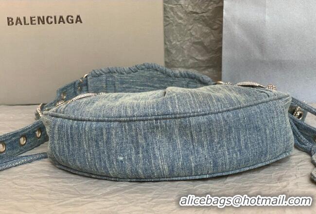 Discount Balenciaga Le Cagole Shoulder Bag XS in blue washed and frayed denim/crystals hardware BL702 2026
