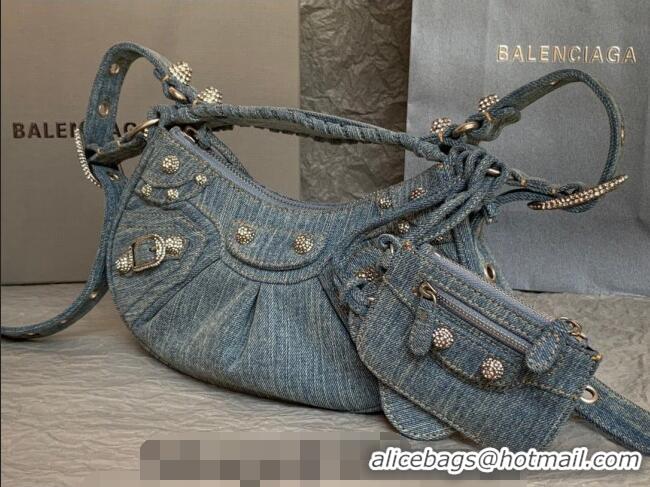 Discount Balenciaga Le Cagole Shoulder Bag XS in blue washed and frayed denim/crystals hardware BL702 2026