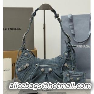 Well Crafted Balenciaga Le Cagole Shoulder Bag Small in blue washed and frayed denim/crystals hardware BL702 2026