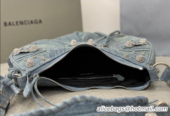 Well Crafted Balenciaga Le Cagole Shoulder Bag Small in blue washed and frayed denim/crystals hardware BL702 2026