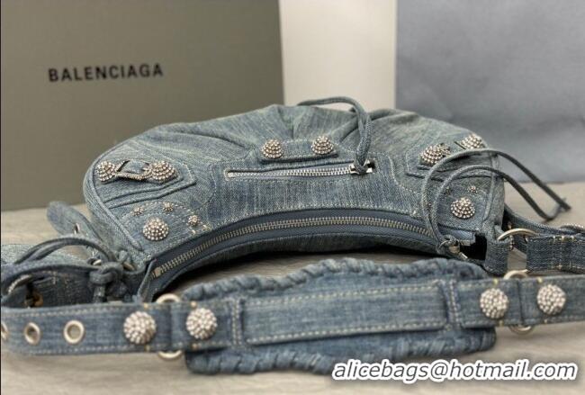 Well Crafted Balenciaga Le Cagole Shoulder Bag Small in blue washed and frayed denim/crystals hardware BL702 2026